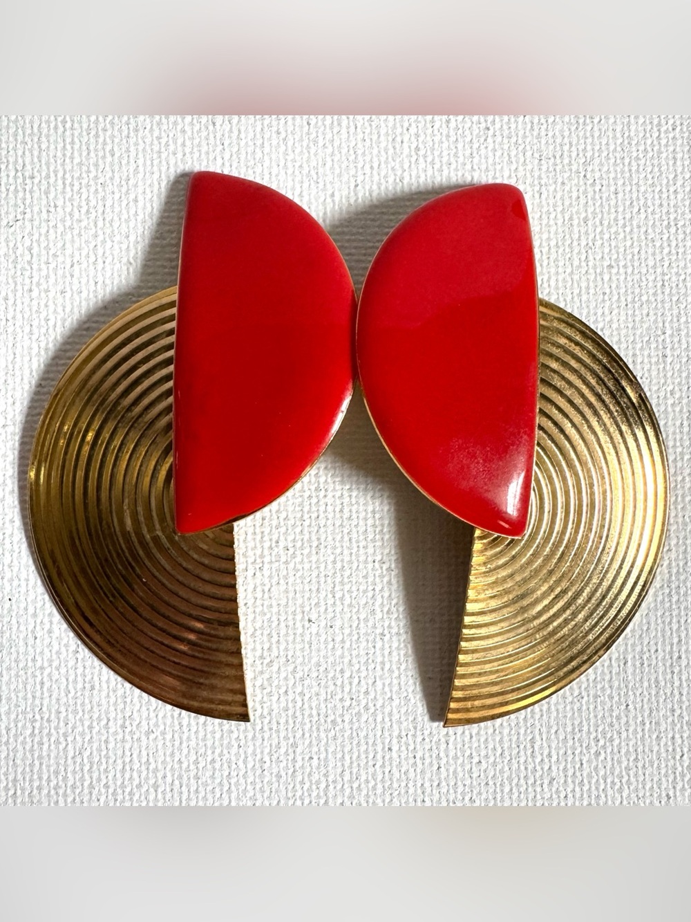 Vtg Bold Red Gold Tone Geometric Clip-On Earrings Modernist Statement Art Deco